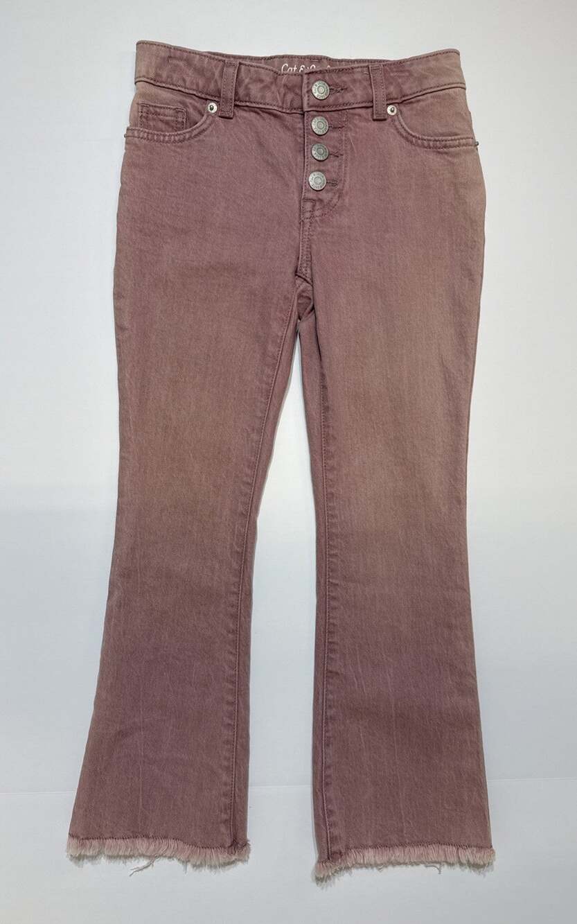 Cat & Jack Kids Girl Pink Flare Jeans Distressed Hem Snap Button Fly Size 7